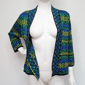 Navy, Blue, & Green Aztec Print Cropped Sleeve Open Style Cardigan Sweater
